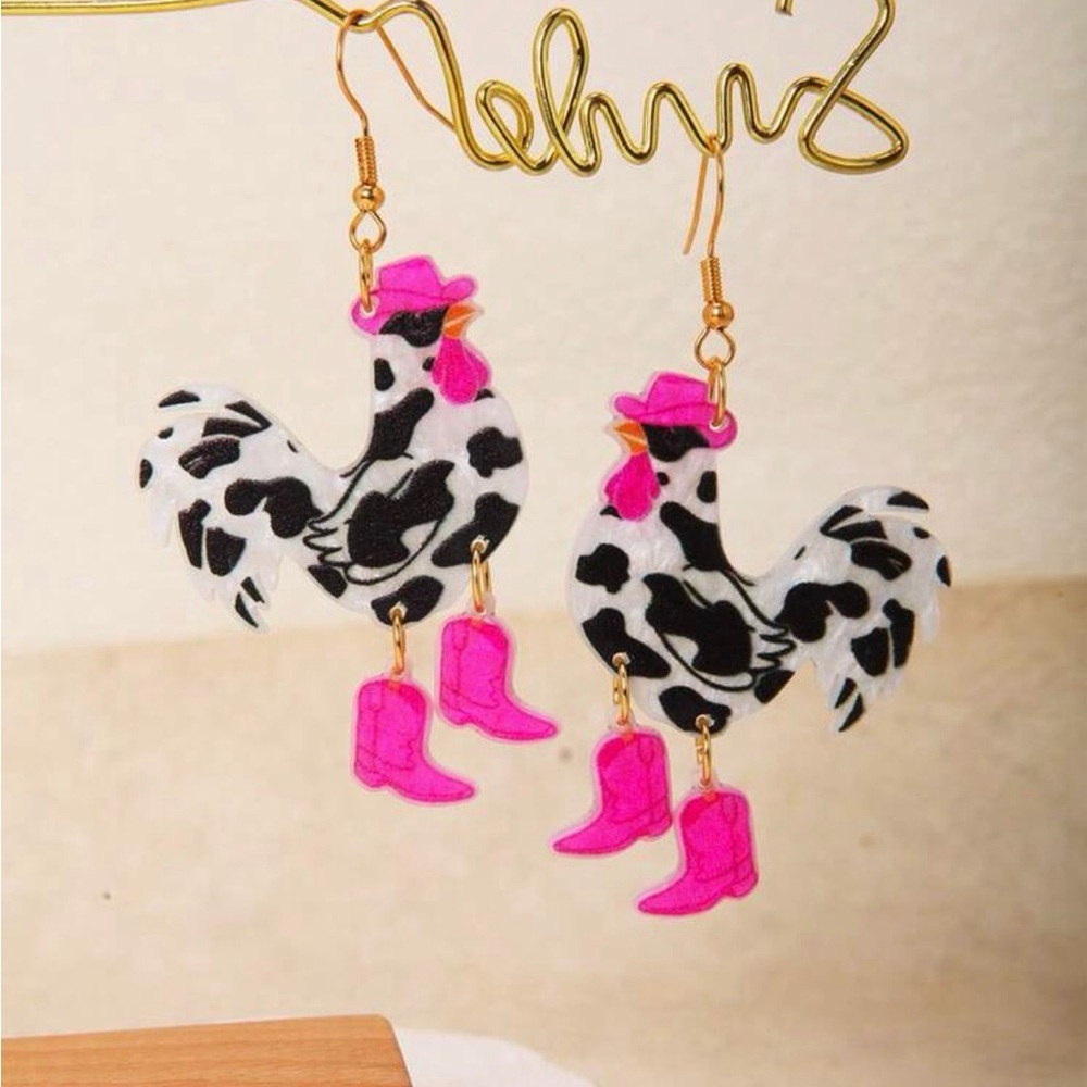 Cow Print Chicken Earrings with Pink Accents